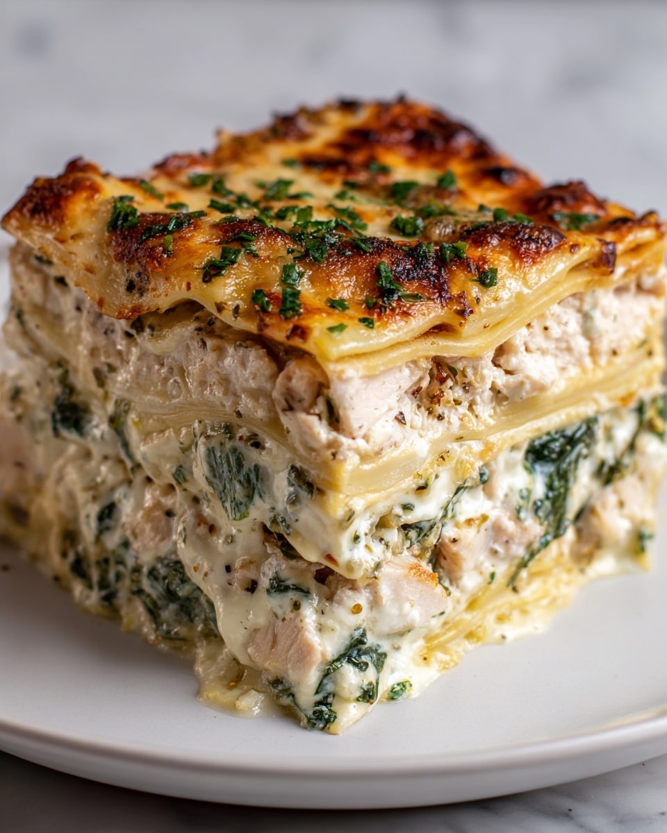 A thick slice of layered lasagna on a white plate with a white marbled background, showing three layers: the top layer is golden brown melted cheese with small green herb pieces sprinkled on it, the middle layer is a creamy white sauce mixed with pieces of cooked white chicken meat and dark green spinach leaves, and the bottom layer is a thin pasta sheet partly visible, resting on the plate. Photo taken with an iphone --ar 4:5 --v 7