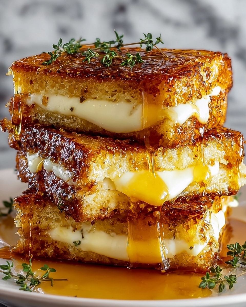 A stack of four grilled cheese sandwiches is shown, each with a golden brown, crispy outer layer with a bubbly texture, and melted white cheese oozing slightly from between the slices. The sandwiches are layered one on top of another, with thick, shiny golden syrup dripping down the sides, pooling on the white plate beneath. The top sandwich is garnished with small green herb sprigs. The background features a white marbled surface, creating a clean and bright setting. Photo taken with an iphone --ar 4:5 --v 7