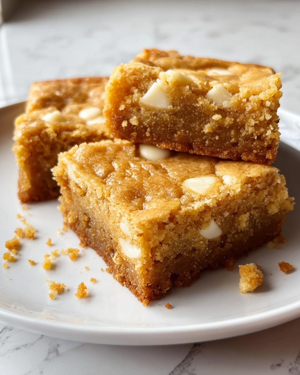 Two square pieces of thick, soft blondie with a golden brown top, placed on a white plate on a white marbled surface. The blondies have a slightly crumbly texture with visible white chocolate chips embedded throughout. The edges are a bit darker and crispier, while the inside looks moist and dense. A few crumbs are scattered on the plate, adding to the tasty, fresh-baked look. Photo taken with an iphone --ar 4:5 --v 7