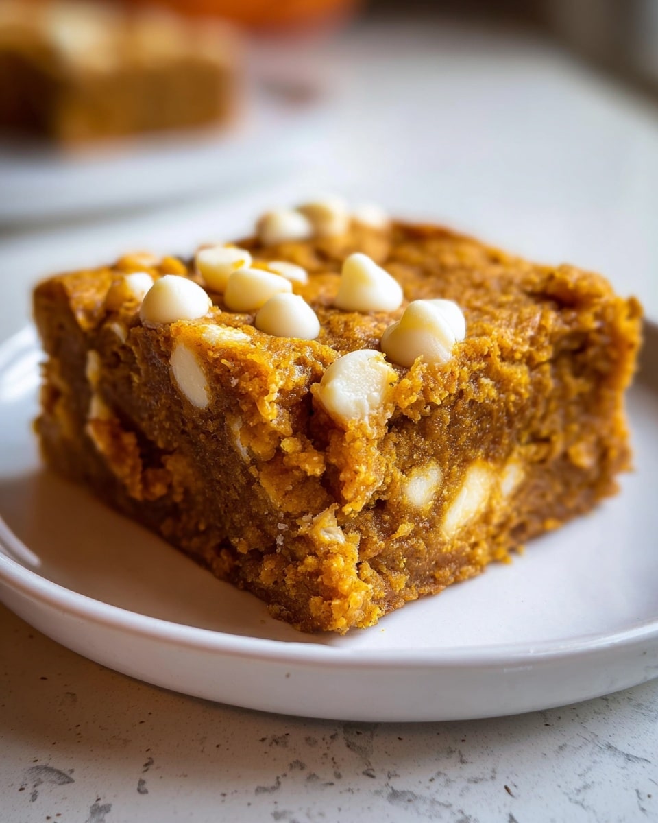 A close-up of a single square piece of pumpkin cake sitting on a white plate, placed on a white marbled surface. The cake has one dense layer, deep orange-brown in color with a slightly crumbly texture. Scattered on the top and inside are white chocolate chips, some melted slightly and some holding their shape, adding small creamy white spots on the surface and within the cake. The edges are rough and slightly uneven, showing the moist inside. The background is softly blurred, focusing fully on the cake. Photo taken with an iphone --ar 4:5 --v 7