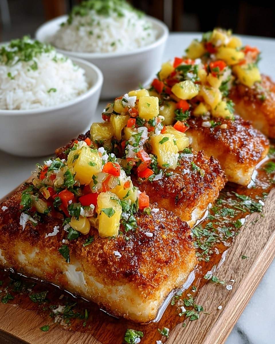 Three pieces of golden-brown crusted fish fillets sit side by side on a wooden board, each topped with a colorful salsa of diced yellow pineapple, red bell pepper, and green herbs, with a light sprinkle of white flakes and chopped greens on top and around them. In the background, two white bowls filled with white rice garnished with green herbs are visible, set on a white marbled surface. The crispy texture of the fish contrasts with the moist, fresh salsa and soft rice. photo taken with an iphone --ar 4:5 --v 7