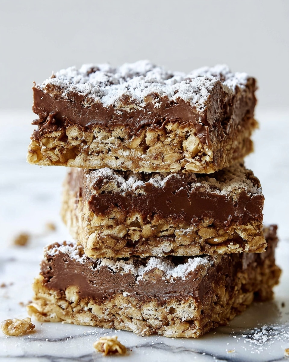 A close-up view of a crumbly dessert bar cut into squares with visible three main layers: the bottom layer is a light beige-colored crunchy base, the middle layer is a thick, rich brown chocolate filling, and the top layer is a thin, textured crust dusted heavily with white powdered sugar. The edges of the bars are uneven and rough, highlighting the crumbly texture. The dessert pieces rest on a white marbled surface with some pieces blurred in the background, creating a depth effect. photo taken with an iphone --ar 4:5 --v 7