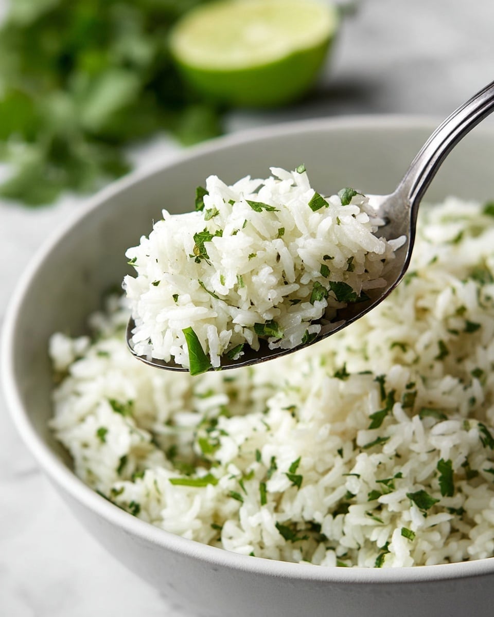 A close-up view of a spoonful of white rice mixed with small pieces of green herbs, held above a white bowl filled with the same herb rice mixture. The rice grains look soft and fluffy with finely chopped green herbs spread evenly throughout. In the background, a blurred wedge of lime and some fresh green herbs lie on a white marbled surface. The spoon is metal and shiny, angled slightly to show the texture of the rice. Photo taken with an iphone --ar 4:5 --v 7