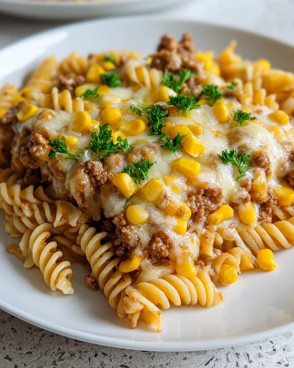 A close-up view of a white plate filled with a layered pasta dish featuring three main layers. The bottom layer consists of twisted rotini pasta in a pale yellow color, mixed with small pieces of yellow corn. Above this, there is a layer of cooked ground beef with a crumbly texture and brown color. The top layer is covered with melted cheese that is a mix of white and yellow shades, with some areas slightly browned. Scattered bright yellow corn kernels and fresh green parsley leaves are spread on top for garnish. The plate is set on a white marbled textured surface. photo taken with an iphone --ar 4:5 --v 7