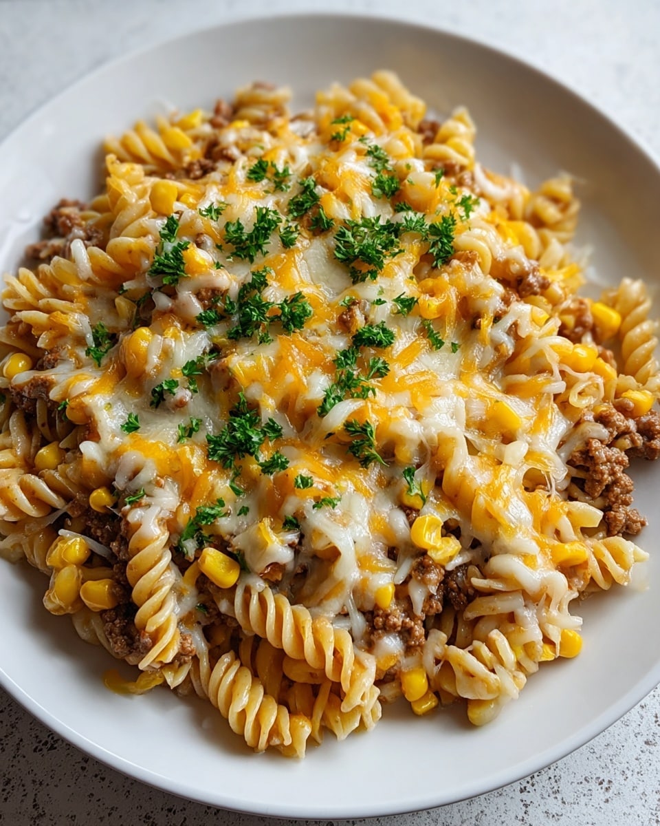 A close-up view of a white plate filled with spiraled pasta at the base, mixed with ground beef pieces and yellow corn kernels spread evenly. On top, melted shredded cheese in shades of white and orange covers the dish, creating a gooey texture. Bright green chopped parsley is sprinkled over the cheese, adding a fresh touch. The plate sits on a white marbled textured surface. photo taken with an iphone --ar 4:5 --v 7