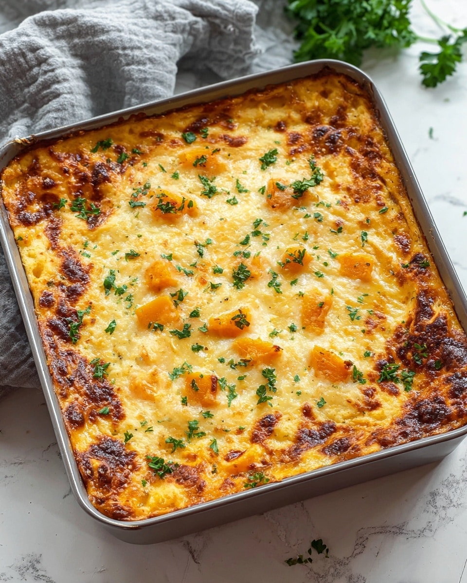 A square metal baking dish filled with a baked casserole that has a golden brown, bubbly cheese layer on top with some crispy browned spots. The casserole has visible small orange chunks of baked butternut squash scattered evenly throughout the top layer, and it is garnished with chopped green parsley sprinkled over the surface. The dish sits on a white marbled textured surface with a gray kitchen cloth partially visible in the background and some parsley leaves off to the side. Photo taken with an iphone --ar 4:5 --v 7