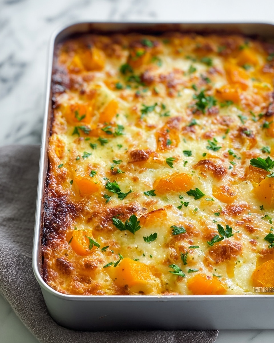A close-up image of a baked dish in a silver rectangular pan, showing a golden brown top layer with melted cheese that is slightly browned and bubbly, scattered with bright orange chunks of squash or pumpkin. The surface is sprinkled with small, fresh green herbs, likely parsley, adding a pop of color. The edges of the dish are slightly crispy and browned, while the inside looks soft and creamy. The pan rests on a white marbled surface with a gray cloth underneath. photo taken with an iphone --ar 4:5 --v 7