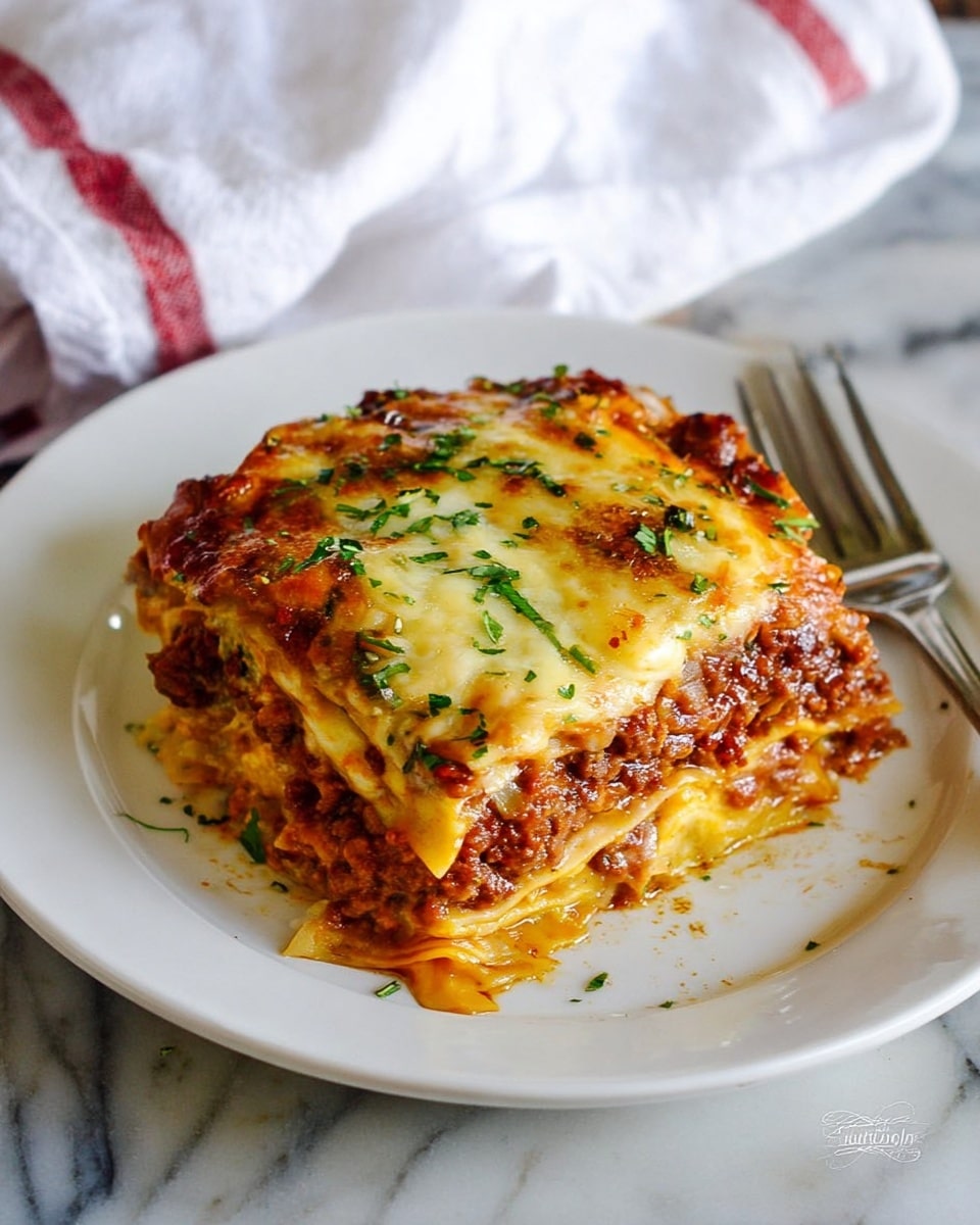 A square piece of lasagna is served on a white plate with a silver fork resting behind it. The lasagna has multiple visible layers: a top golden-brown melted cheese layer with some browned spots and sprinkled green herbs, a middle layer of rich red meat sauce mixed with bits of pasta, and a bottom layer of cooked pasta that looks soft and slightly creamy. The edges of the lasagna piece show the textured layers clearly. The plate is placed on a white marbled surface with a white cloth that has red stripes in the background. photo taken with an iphone --ar 4:5 --v 7