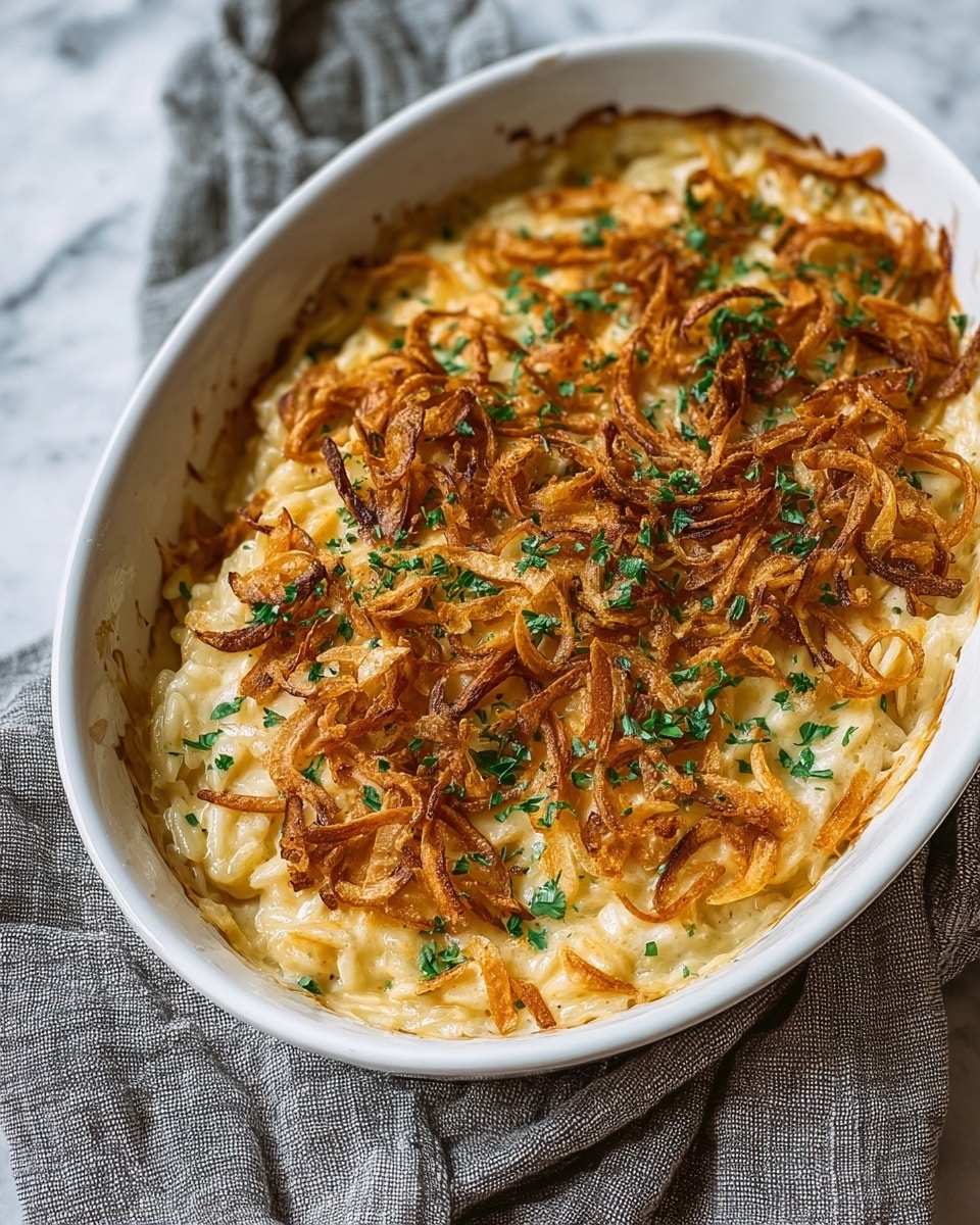 A white oval dish holds a creamy baked pasta topped with a golden-brown layer of crispy fried onions and a sprinkle of chopped green herbs. The base layer is a soft, cheesy, pale yellow orzo pasta with a slightly glossy texture from the sauce. The top layer of thin, curly, deep golden fried onions adds a crunchy texture and rich color contrast. Some melted cheese is visible between the pasta and the onions, adding a gooey, smooth look. The dish is placed on a white marbled textured surface with a grey and white cloth partially under the dish. Photo taken with an iphone --ar 4:5 --v 7