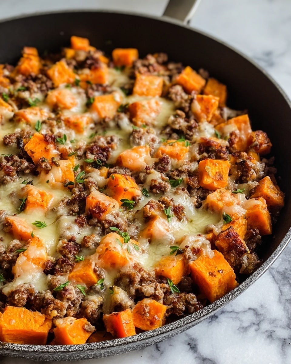 A large metal pan filled with a colorful mix of cooked ground meat and diced orange sweet potatoes, scattered with melted yellow and white cheese that blends into the mixture, topped with fresh green cilantro leaves. A wooden spoon rests inside the pan on the left side, slightly stirring the dish. The pan sits on a white marbled surface, giving a clean and bright look to the setting. photo taken with an iphone --ar 4:5 --v 7