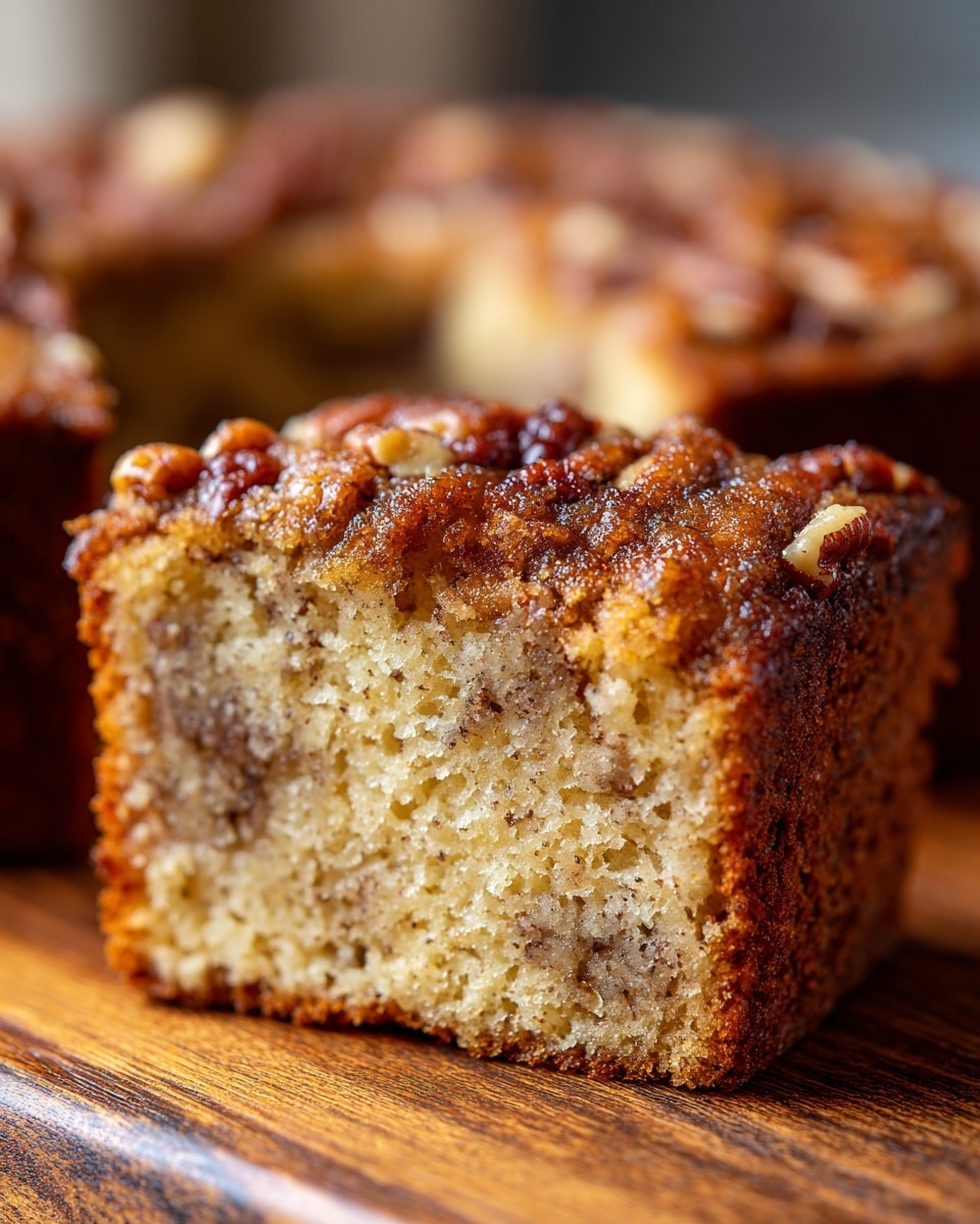 This image shows a close-up of a single slice of nut bread with visible pieces of chopped nuts inside the soft, light yellowish cake. The top layer is golden brown and shiny, showing a moist texture with some nuts scattered throughout, creating a crunchy surface. The sides and bottom have a deeper brown crust with a slightly rough texture. The bread sits on a wooden surface with a rustic feel. In the background, the blurred whole nut bread ring is visible with similar textures and browns. The lighting highlights the moistness and nutty texture of the slice, emphasizing the bread's crumb and chunky nuts. photo taken with an iphone --ar 4:5 --v 7