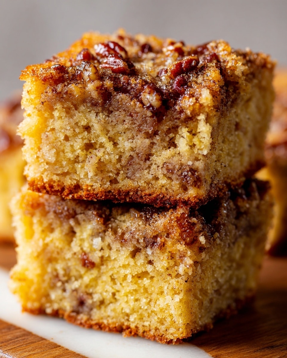 The image shows two square pieces of moist coffee cake stacked on top of each other on a white marbled surface. Each piece has a golden brown crumb with a soft, spongy texture mixed with small bits of nuts and cinnamon throughout. The top layer is slightly crunchy and caramelized with a darker brown color and scattered small nut pieces, adding texture contrast. The sides reveal the tender, dense inside, dotted with bits of nuts. The colors range from light tan to rich golden brown, highlighting a freshly baked look. Photo taken with an iphone --ar 4:5 --v 7