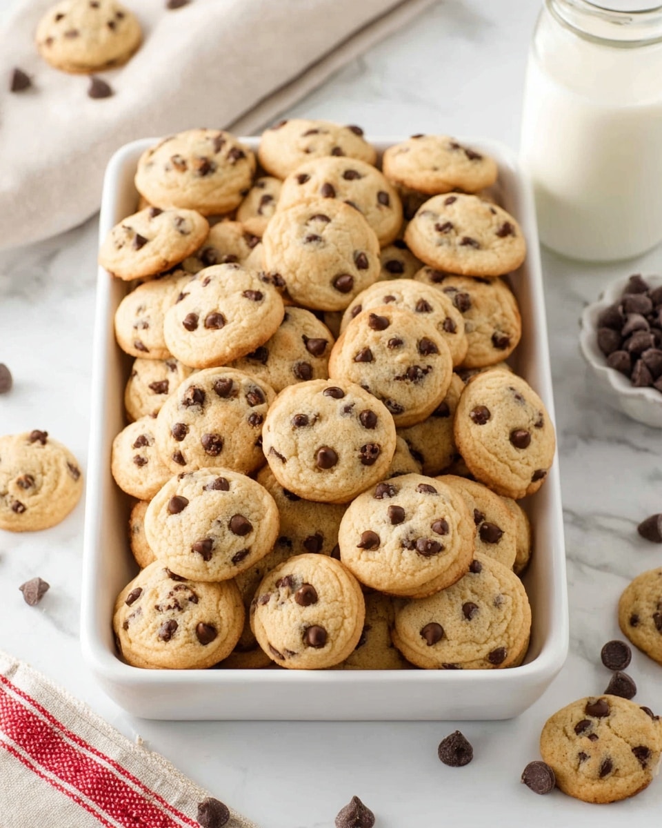 A woman's hand holds a small, round chocolate chip muffin with a golden-brown top and visible dark chocolate chips throughout. In the background, there is a white plate filled with many similar small muffins, all golden with dark chocolate chips scattered around. Behind the plate, there is a white marbled surface with a blurred milk bottle and beige cloth, adding a soft and warm feel to the scene. The muffins look soft and moist with light browning on the edges. photo taken with an iphone --ar 4:5 --v 7