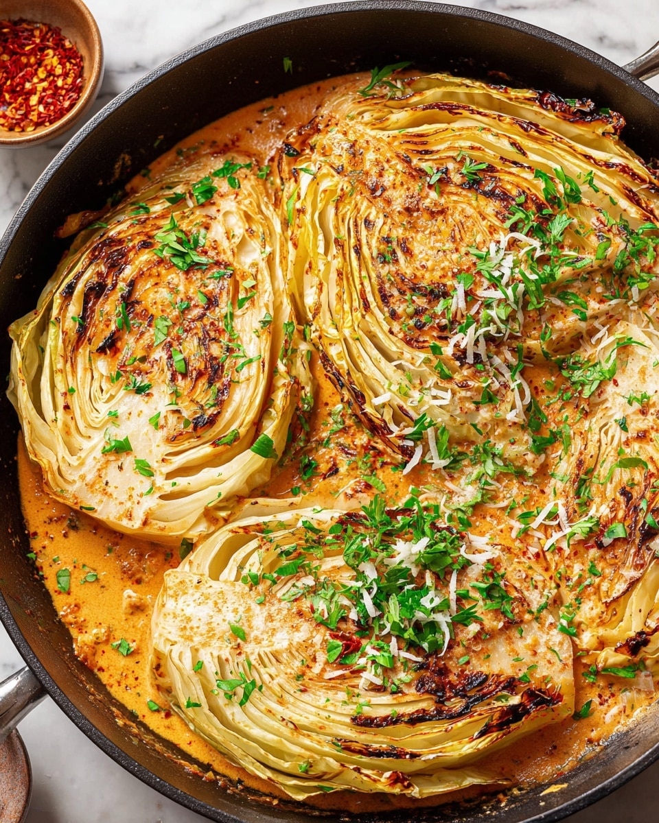 A black pan holds a large cabbage cut into four thick wedges, each showing multiple creamy white and light yellow layers with charred browned spots on the edges. The wedges are covered with a rich, thick orange sauce with a smooth texture that pools in the pan around the cabbage. Bright green parsley leaves are scattered on top, along with finely shredded white cheese and a few red chili flakes adding small splashes of color. The cabbage layers look tender and slightly wilted, soaking in the flavorful sauce. The pan sits on a white marbled surface. photo taken with an iphone --ar 4:5 --v 7