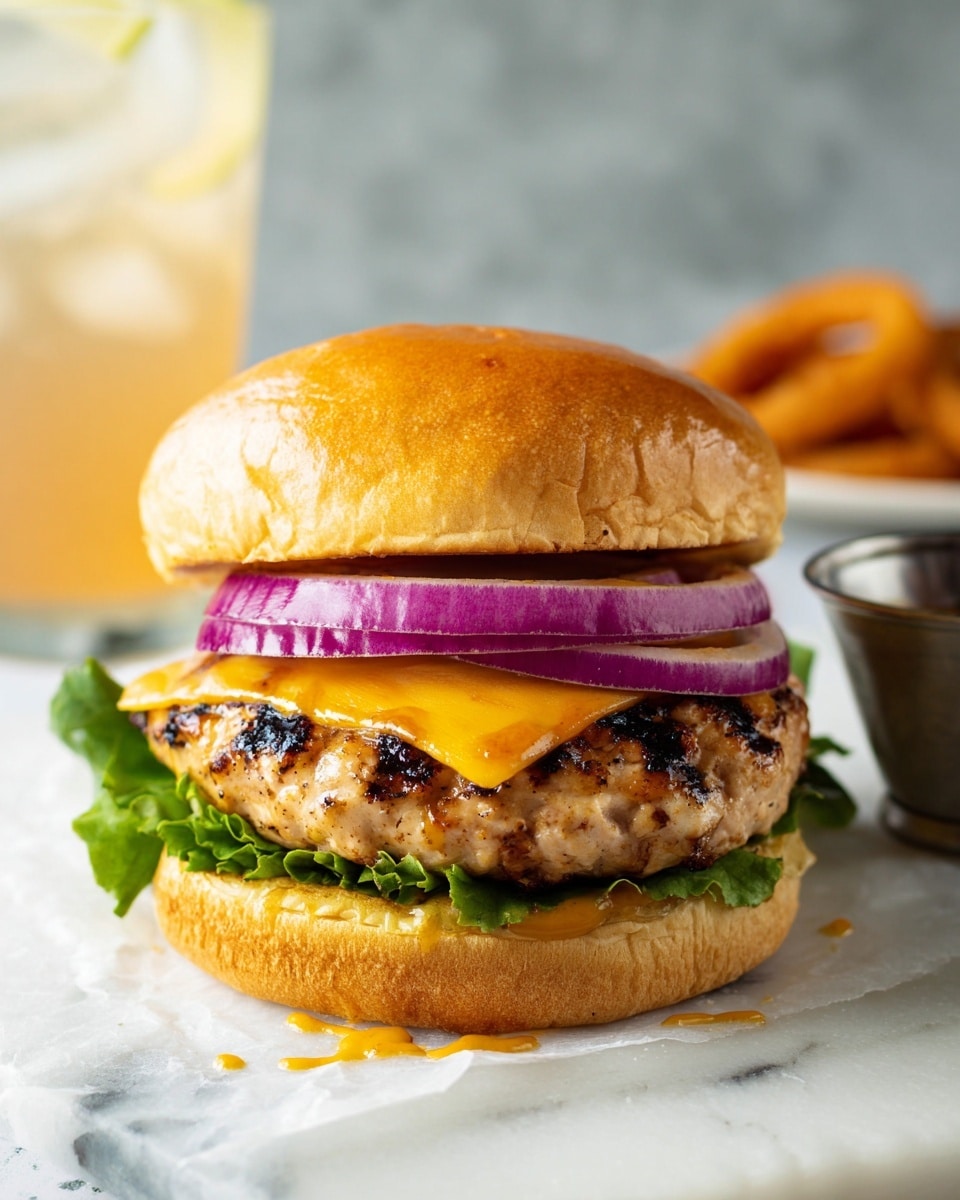 A close-up of a grilled chicken burger on a soft, golden brown bun, sitting on a white marbled surface. The bottom layer is green leafy lettuce with some mustard sauce dripping slightly on the edges. Above the lettuce is a thick, well-grilled chicken patty with visible char marks. On top of the patty lies a slice of melted orange cheddar cheese, followed by two thick slices of purple onion. The top bun gently rests on the onions, completing the stack. In the blurry background, some extra raw onion rings are placed on a white plate, and a metal cup holds sauce. Behind everything, a tall glass filled with ice and a light drink is visible. Photo taken with an iphone --ar 4:5 --v 7