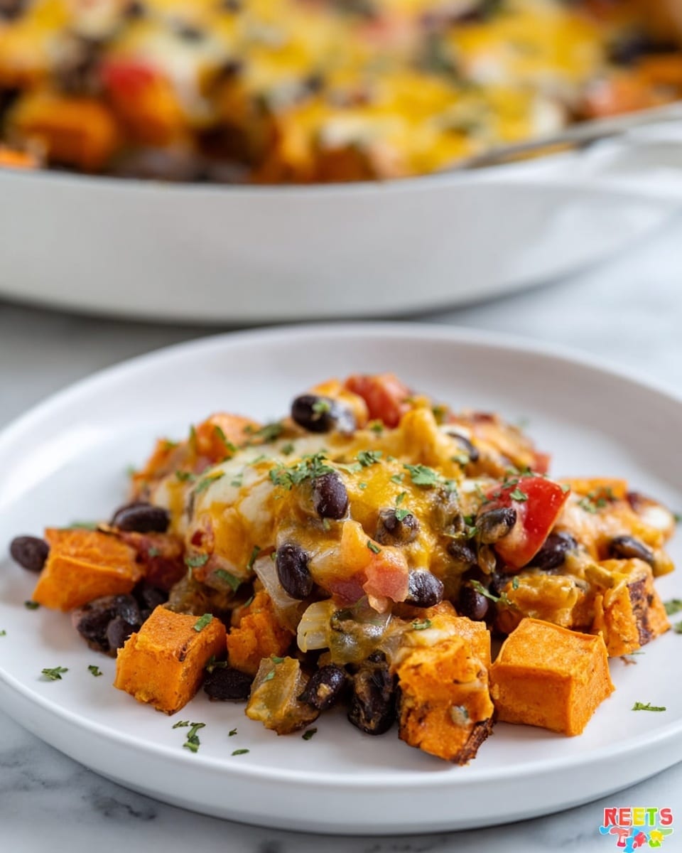 A close-up view of a colorful cooked dish in a white pot, showing a mix of diced chicken pieces in light brown with visible seasoning, orange cubes of sweet potato, black beans scattered evenly, chunks of bright red cherry tomatoes, and melted yellow cheese blending the ingredients together. A white spoon is scooping some of the food from the pot, highlighting the texture and mix of the ingredients. The background is a white marbled texture. photo taken with an iphone --ar 4:5 --v 7