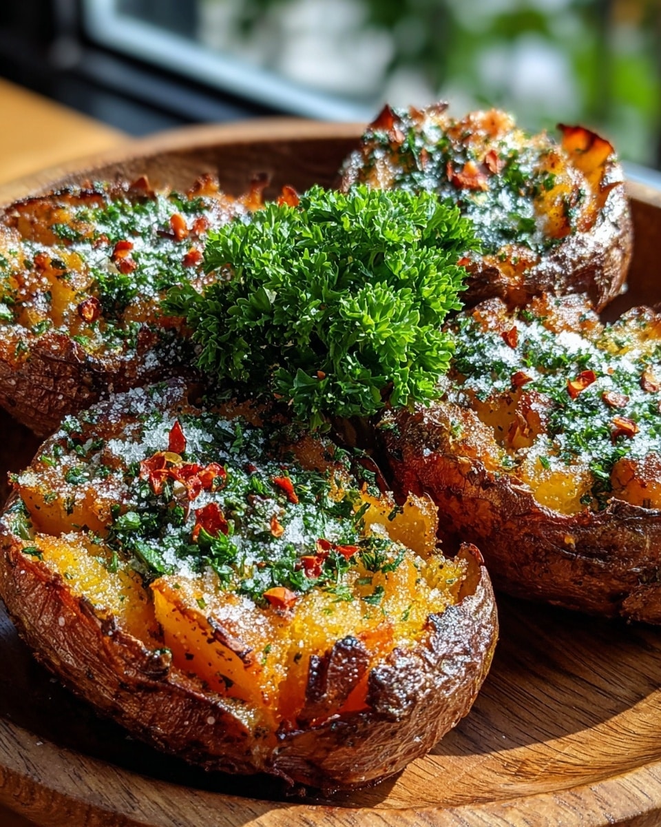 The dish shows four crispy smashed potatoes placed closely on a round wooden plate, each potato has a rough brown skin with golden orange, soft insides visible through cracks. The potatoes are topped with finely chopped green herbs, flaky white salt, and small red chili flakes, adding specks of color all over. In the center, there is a small bunch of fresh, dark green curly parsley. The background is blurred but gives a sense of natural light coming from a window. photo taken with an iphone --ar 4:5 --v 7