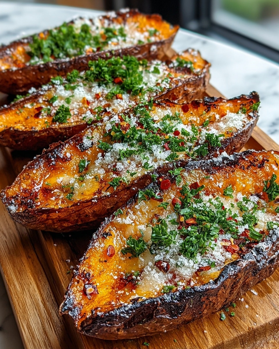 The image shows four thick wedges of roasted potato with crispy, dark golden edges and a soft orange-brown center, arranged closely in a row on a wooden board. Each wedge is topped with a layer of melted white cheese, sprinkled evenly with coarse white salt crystals, finely chopped fresh green parsley, and small bits of red chili flakes. The potato skins look crunchy with some charred spots adding texture, and there is a glossy sheen from the melted cheese and seasoning. The setting includes a white marbled surface underneath the wooden board. Photo taken with an iphone --ar 4:5 --v 7