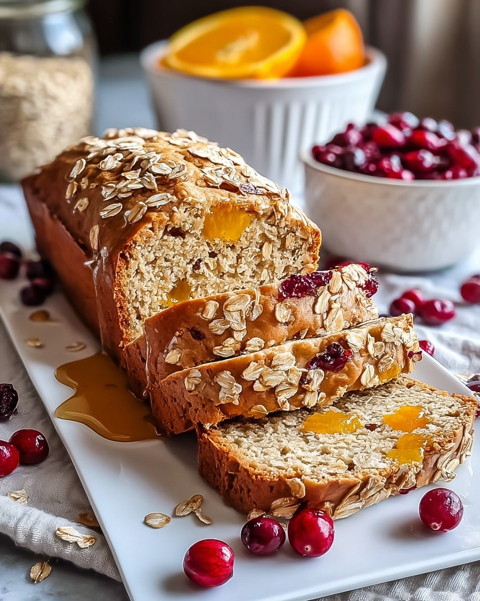 A loaf of sliced bread sits on a white rectangular plate on a white marbled surface, with toasted oats sprinkled on top and juicy orange fruit pieces inside the bread, visible in each slice. The bread has a golden-brown crust and light brown soft texture inside. There is a syrup drizzle flowing over the loaf and pooling on the plate with scattered fresh and dried cranberries around it. Behind the plate, a white bowl with fresh cranberries and halved orange slices, along with a jar of oats, are softly blurred in the background. Photo taken with an iphone --ar 4:5 --v 7