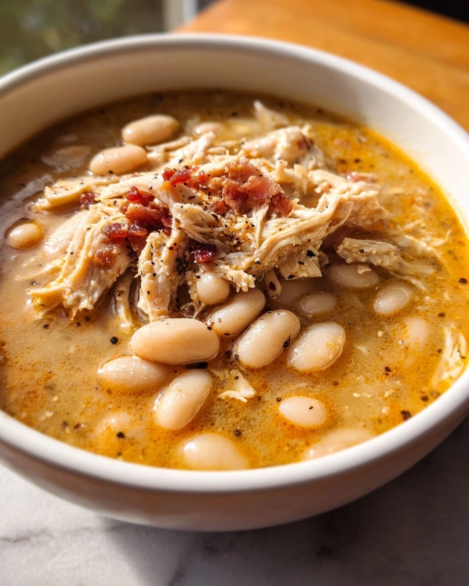 A close-up image of a bowl filled with a thick soup containing white beans and shredded chicken in a light orange, slightly oily broth. The bowl is ceramic with an earthy greenish-gray outer edge and a darker, smooth finish inside. The soup’s ingredients include large white beans scattered throughout, tender shredded chicken pieces in the center, and small chunks of reddish meat or sausage. The bowl sits on a wooden surface, with soft natural light highlighting the textures and colors of the soup. The background is softly blurred, showing a warm, indoor setting with wooden tones. photo taken with an iphone --ar 4:5 --v 7