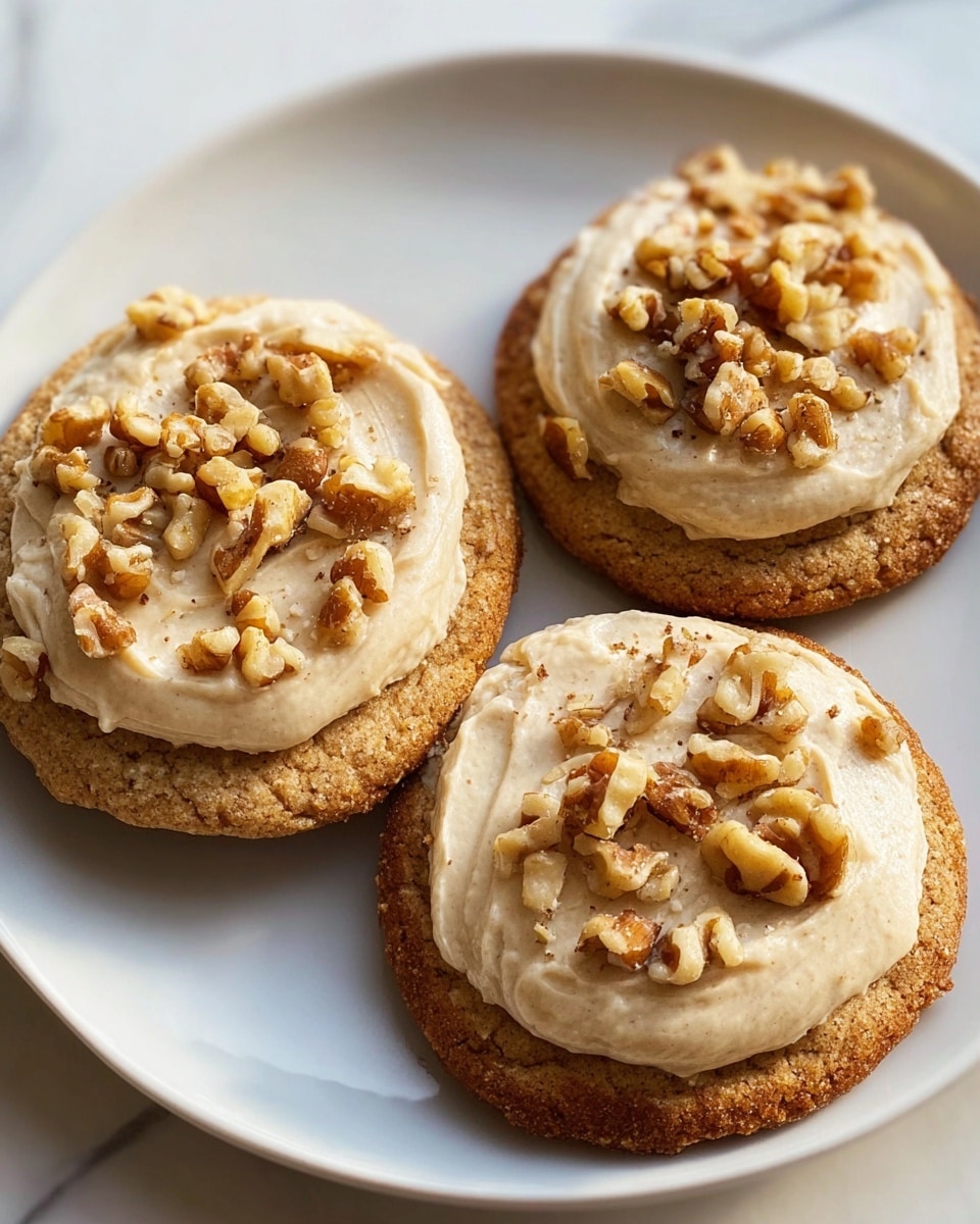 The image shows three homemade cookies on a white plate set on a white marbled texture surface. Each cookie has a single round layer of golden-brown baked dough with a slightly rough texture. On top of each cookie is a thick, creamy layer of light beige frosting spread evenly, with chopped light brown walnuts sprinkled over the frosting. The warm natural light highlights the texture of the cookies and the creamy frosting makes them look soft and moist. photo taken with an iphone --ar 4:5 --v 7