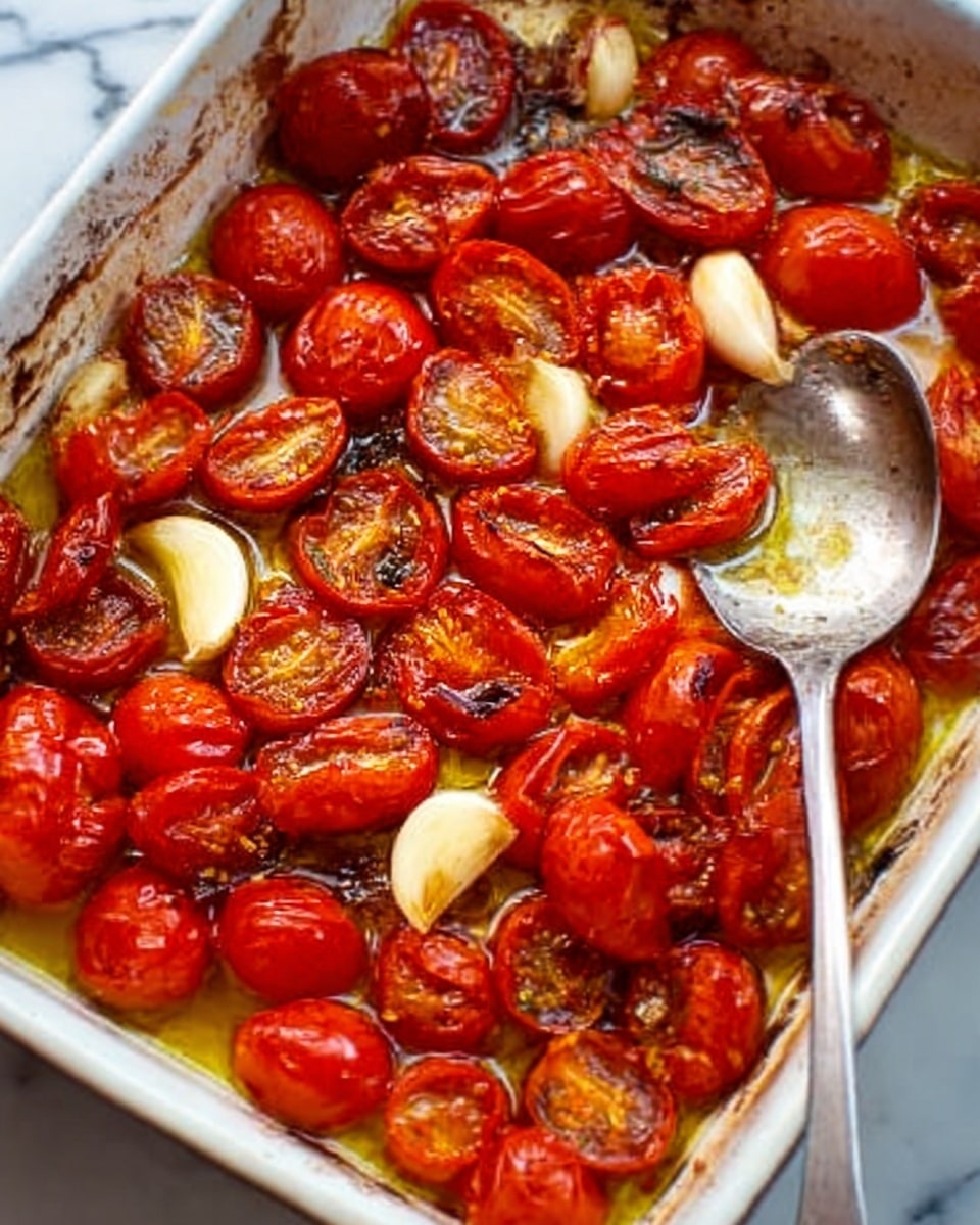 The image shows a white baking dish filled with roasted cherry tomatoes cut in half. The tomatoes are bright red with some charred dark spots, giving them a roasted look. There are several whole garlic cloves scattered among the tomatoes, which are white and slightly browned. The tomatoes and garlic are sitting in a layer of golden olive oil at the bottom of the dish. A silver spoon rests inside the dish at the top right corner. The background is a white marbled texture. Photo taken with an iphone --ar 4:5 --v 7
