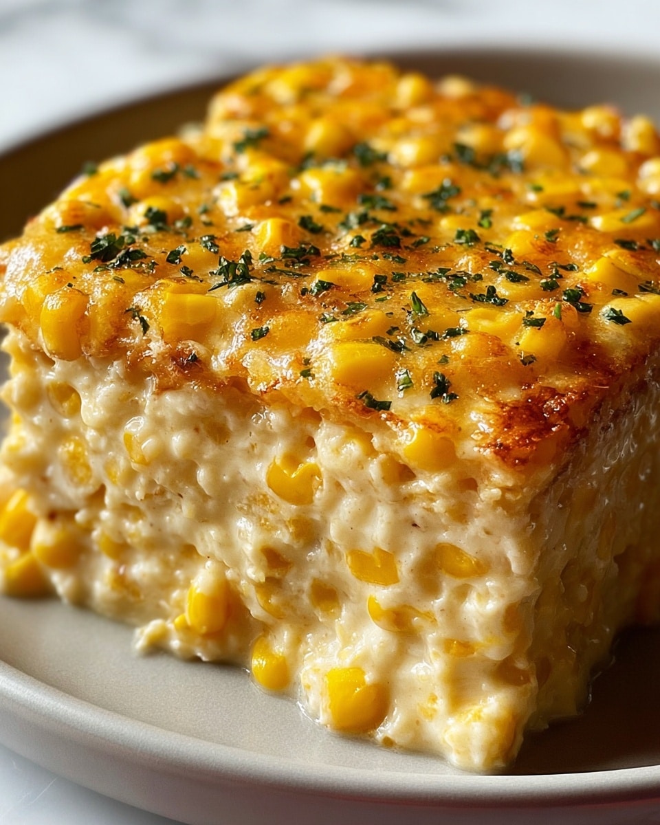 The dish shows a close-up of a two-layered creamy corn casserole slice placed on a white plate, resting on a white marbled surface. The bottom layer is chunky and pale yellow-white, filled with whole corn kernels mixed in a creamy texture. The top layer is thicker and golden yellow with melted cheese covering more corn kernels and sprinkled finely with green herb bits, giving it a glazed look. The dish looks rich, gooey, and slightly browned on top, with corn pieces visible in both layers. photo taken with an iphone --ar 4:5 --v 7
