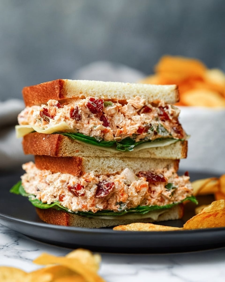 The image shows a sandwich cut in half and stacked, placed on a dark plate against a white marbled surface. The sandwich has two thick slices of light golden toasted bread with a slightly crunchy texture. Between the bread slices, there is a large filling layer made of a creamy mixture with visible pieces of red sun-dried tomatoes, green herbs, and shredded chicken, giving it a textured and chunky look. Below this filling is a fresh green lettuce leaf layer. At the top and bottom of the filling, just under the bread, there are smooth, pale slices of cheese. Around the plate, there are some crispy golden-brown chips scattered. In the blurred background, there is a white bowl with more chips. Photo taken with an iphone --ar 4:5 --v 7