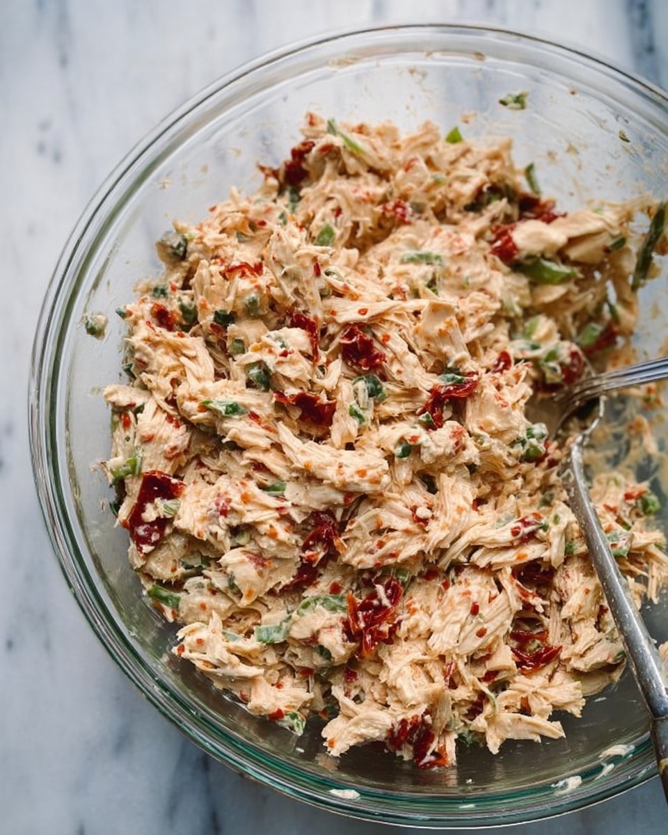 A close-up view of a clear glass bowl filled with a mixed salad-like dish. The dish has many small pieces of shredded beige chicken mixed with green bits of herbs or vegetables and red pieces of sun-dried tomatoes or peppers, giving a colorful look. The mixture has a creamy texture with visible specks of seasoning, and a silver spoon is partially inserted on the right side. The background shows a white marbled surface with soft lighting. Photo taken with an iphone --ar 4:5 --v 7