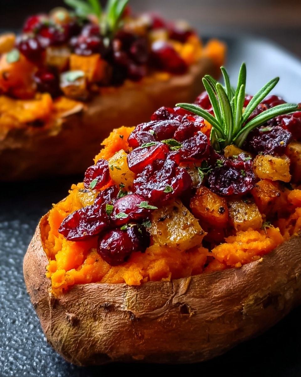 The dish shows two stuffed sweet potato halves placed on a dark surface, each filled with three rich layers. The bottom layer is the soft, smooth orange flesh of the sweet potato, slightly mashed and spread evenly inside the brown skin shell. The middle layer consists of small golden-brown cubed vegetables mixed with finely diced onions, giving a textured, cooked look. On top sits a generous layer of dark red dried cranberries scattered all over, topped with a small fresh green sprig of rosemary for garnish, adding color contrast. The skin of the sweet potato looks slightly crispy and rustic. photo taken with an iphone --ar 4:5 --v 7