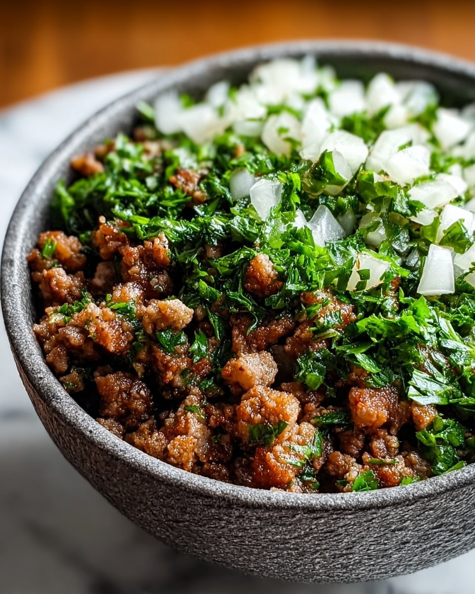 The image shows a meatloaf on a white oval plate placed on a white marbled surface. The meatloaf has a glossy, reddish-brown glaze on top with a sprinkle of green herbs. Four thick slices are cut from the right side, revealing a dense interior with bits of nuts and herbs visible. The texture inside is a mix of ground meat and small, light-colored pieces. A knife with a wooden handle rests on the plate in front of the meatloaf. Around the plate, there is a striped cloth on the bottom left, a small bowl with green herbs on the bottom right, and a blurred plate of green vegetables and parsley in the top left background. In the top center, a small wooden bowl of salt and pepper is partially visible. The scene is softly lit with natural light, emphasizing the glossy texture of the glaze and the fresh look of the herbs. photo taken with an iphone --ar 4:5 --v 7