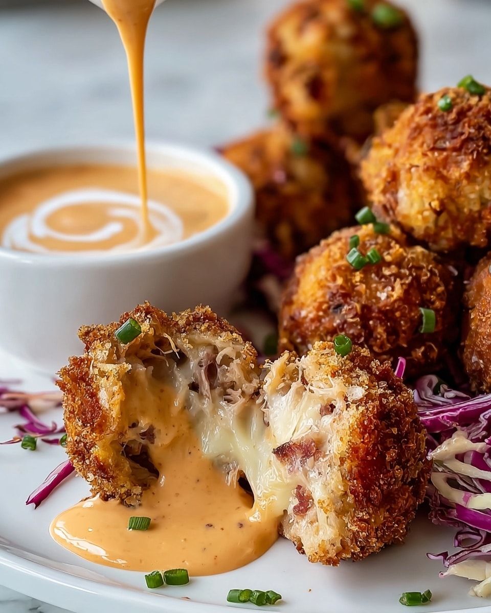 The image shows crispy, golden-brown fried balls with a crunchy texture on the outside, topped with small green chive pieces. One ball is cut open, revealing a gooey layer of melted white cheese mixed with shredded meat inside. An orange creamy sauce with specks is being drizzled over the cut ball, pooling on the white plate beneath alongside shredded purple and white cabbage. In the background, a white cup holds more of the creamy sauce with a swirl on top. The setup is on a white marbled surface. photo taken with an iphone --ar 4:5 --v 7