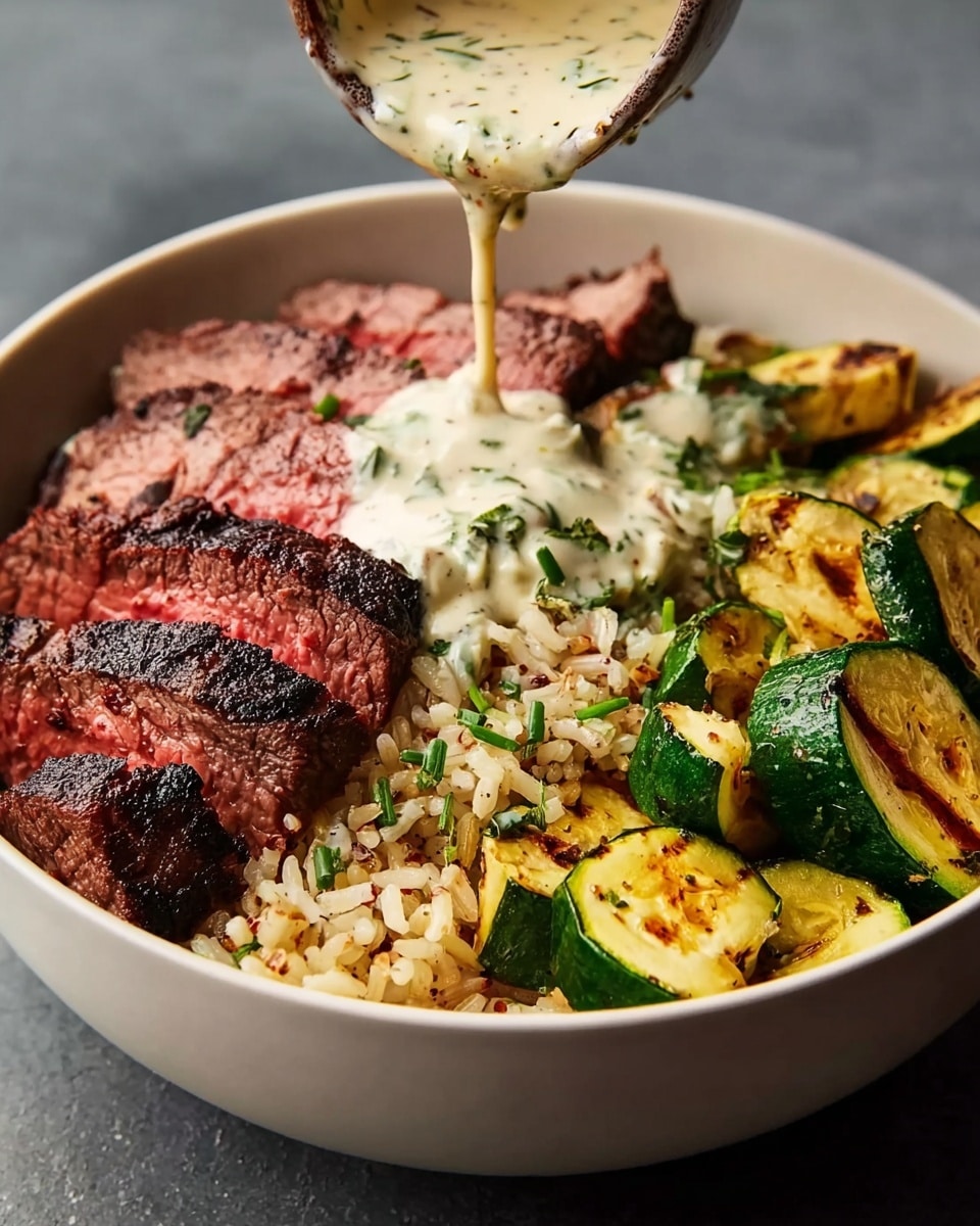 A white bowl filled with three main layers: at the bottom is a bed of light brown rice mixed with small bits of herbs, on the left side thick slices of grilled steak with a dark brown charred crust and a pink center are arranged, and on the right side there are grilled zucchini slices showing green edges with golden grill marks; a creamy white sauce with green herbs and tiny dark specks is being poured from above onto the steak. Photo taken with an iphone --ar 4:5 --v 7