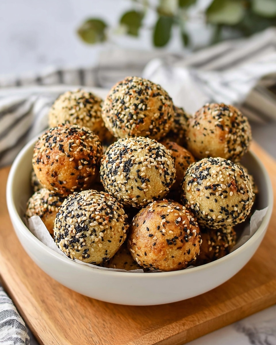 A bowl filled with about a dozen round baked balls that are golden brown with a slightly toasted look. Each ball is covered in a mix of white and black sesame seeds, giving a speckled, textured appearance. The balls are closely packed, showing different shades of browning on their smooth surface. The bowl holding them is white and sits on a light wooden board with parchment paper underneath, against a white marbled textured background. A striped cloth and some green leaves are visible in the soft background. photo taken with an iphone --ar 4:5 --v 7
