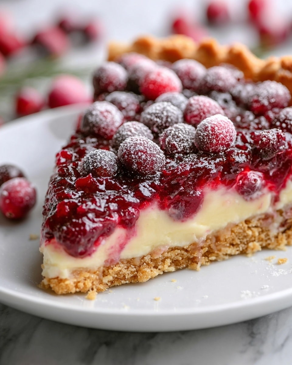 A close-up view of a multi-layered pie in a white plate, resting on a white marbled surface. The bottom layer is a golden-brown crumbly crust with a slightly rough texture. Above it is a smooth, pale creamy layer, topped by a glossy, deep red fruit filling with visible berry pieces that look thick and juicy. On top of this fruit layer, whole fresh cranberries are scattered, shining and coated lightly with a fine dusting of white powdered sugar. The pie crust edges display a crimped pattern, adding detail to the rustic presentation. Photo taken with an iphone --ar 4:5 --v 7