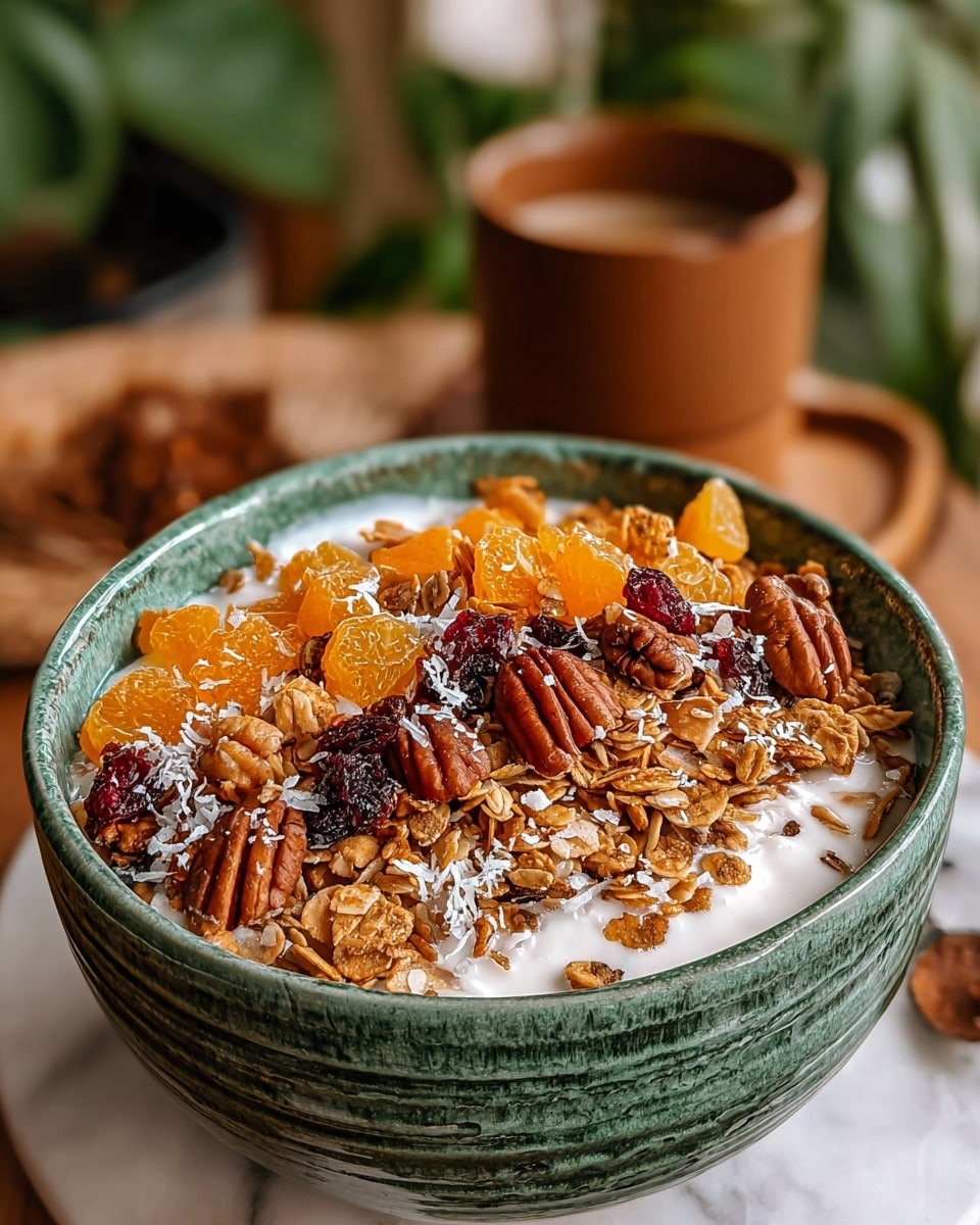 The image shows a close-up of a green textured ceramic bowl filled with three main layers. The bottom layer is white creamy yogurt filling most of the bowl. The middle layer is a generous pile of golden-brown granola with a mix of oats and nuts. The top layer is a colorful mix of dried fruits including bright orange pieces, dark red berries, and a few large pecan nuts, sprinkled lightly with white coconut flakes. The bowl sits on a white marbled surface with a blurred brown cup and green plant in the background. Photo taken with an iphone --ar 4:5 --v 7