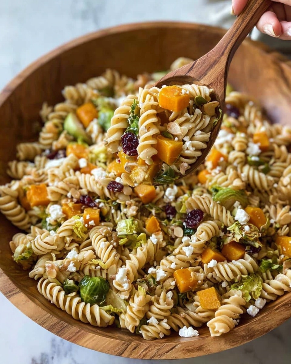 A large wooden bowl is filled with a colorful pasta salad made of spiral rotini pasta mixed with bright orange cubed butternut squash, green leafy Brussels sprouts, and small white crumbles of cheese, with some dark red dried cranberries scattered throughout. A woman's hand holds a wooden spoon lifting a portion of the pasta salad from the bowl, showing the mix of the ingredients up close with the textures of the soft pasta, tender vegetables, and crumbly cheese clearly visible. The background and surface have been changed to a white marbled texture. photo taken with an iphone --ar 4:5 --v 7