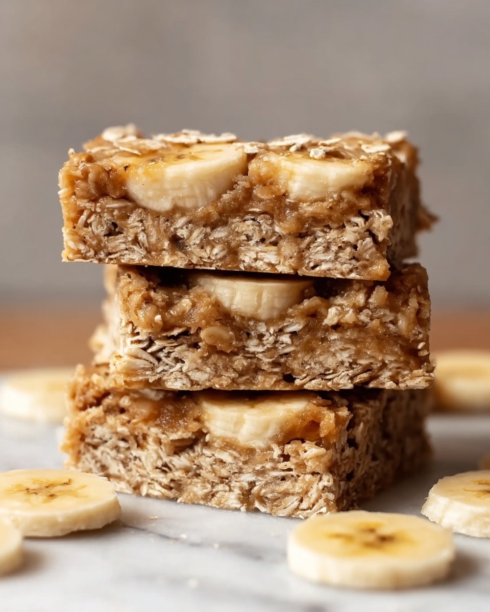 The image shows three square oat bars stacked on a white marbled surface with banana slices scattered in the foreground. Each bar has two visible layers: the bottom layer is dense and filled with oats giving a rough texture and light brown color, while the top layer includes a slice of banana surrounded by oats, giving a mixed texture with both smoothness from the banana and roughness from the oats. The top bar sits horizontally on the other two bars underneath, showing a cross-section view with oats sticking out and slight softness around the banana slice. Photo taken with an iphone --ar 4:5 --v 7