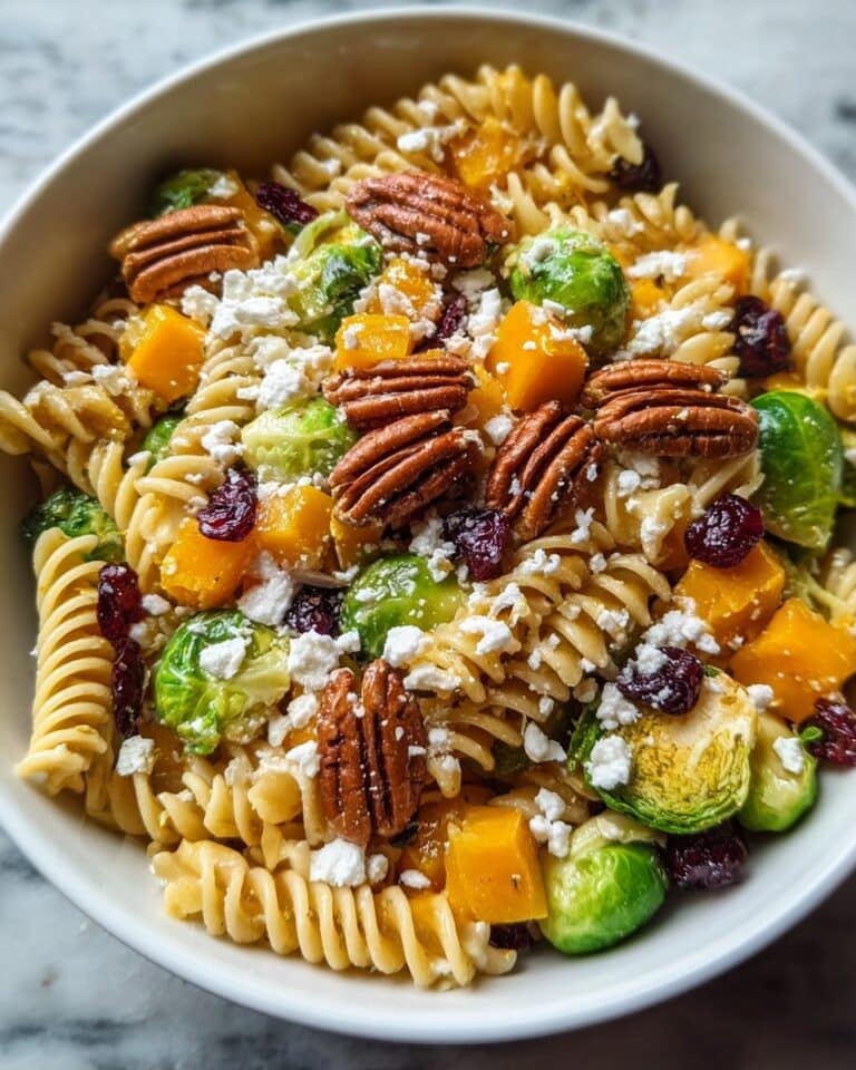 Harvest Pasta Salad with Butternut Squash, Brussels Sprouts, Cranberries, and Feta Recipe