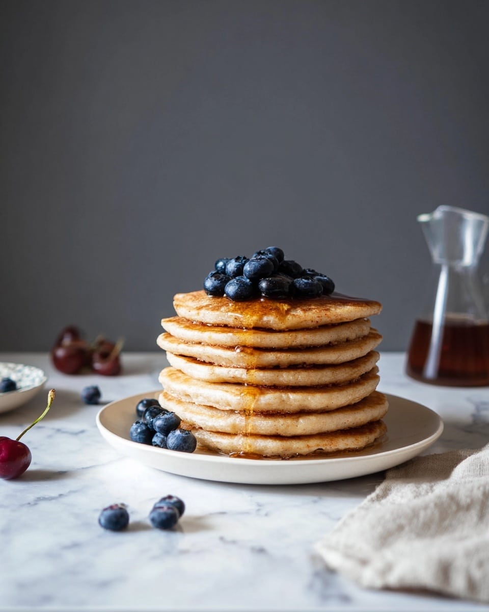 A tall stack of ten golden-brown pancakes sits centered on a plain white plate, topped with three blackberries and two raspberries. Syrup is being poured from a small glass pitcher held by a woman's hand above the stack, with the syrup flowing down the sides, creating a shiny, sticky texture. Around the base of the pancake stack are three raspberries and two blackberries scattered on the white plate. The scene is set on a white marbled texture surface with two silver forks placed to the right side of the plate. The background is plain white. photo taken with an iphone --ar 4:5 --v 7
