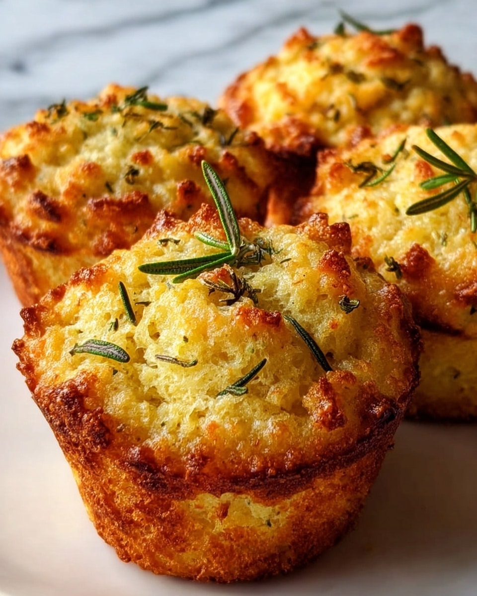 The image shows four golden-brown muffins with a slightly uneven, bumpy top sprinkled with small green rosemary leaves. The muffins have a crispy texture on the outside, with visible crunchy bits and a soft crumb inside that is light yellow in color. They are placed closely together on a white plate, with a white marbled texture surface beneath. The lighting highlights the warm tones and roughness of the muffins’ tops, giving them a fresh-baked look. Photo taken with an iphone --ar 4:5 --v 7