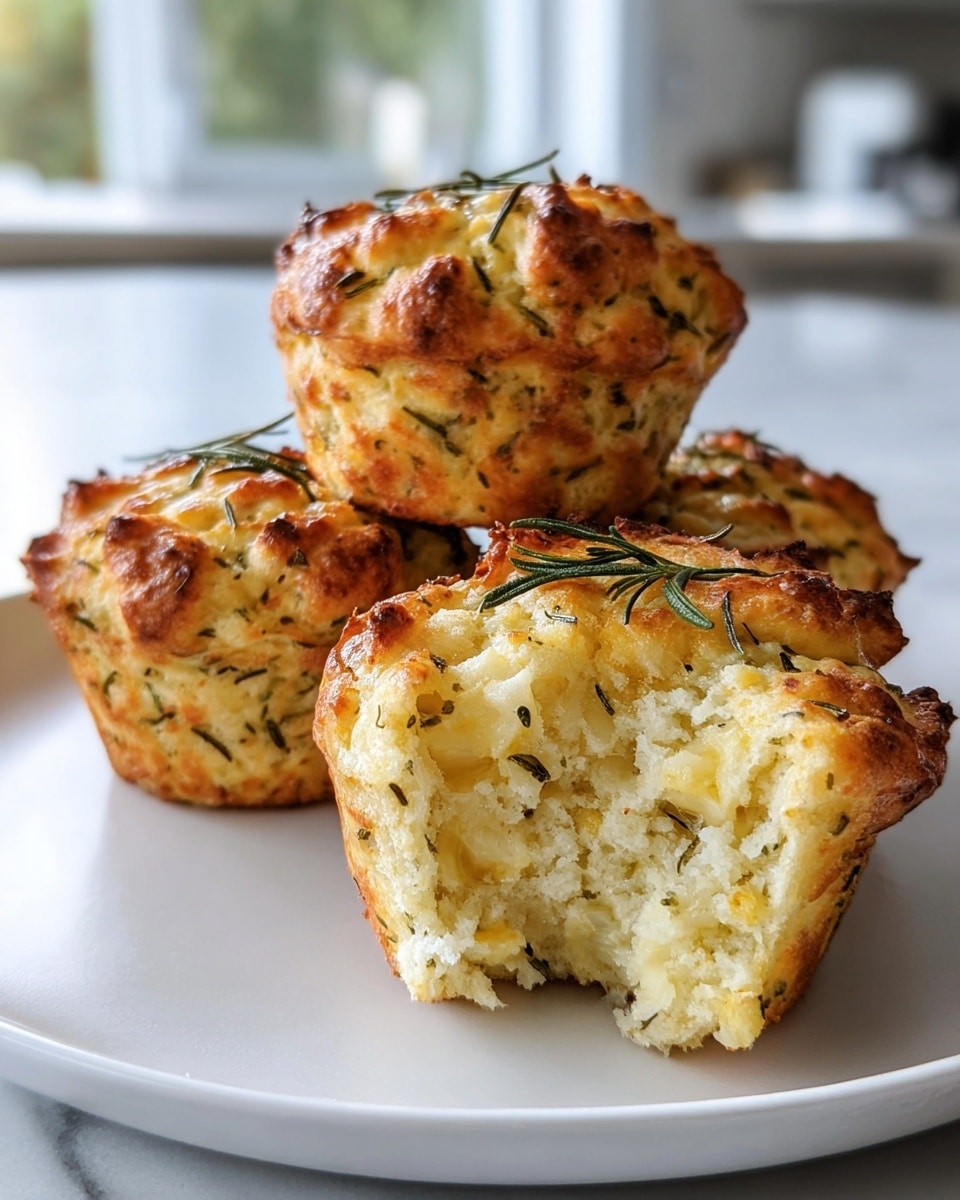 Three golden brown savory muffins are placed on a white plate with a white marbled surface below. The muffins have a rough, cracked top with small sprigs of green rosemary scattered on the surface, giving a textured look. The front muffin is cut open, showing a soft, fluffy inside filled with bits of herbs and light yellow cheese that are mixed throughout the light cream-colored dough. The background shows a blurred kitchen with soft natural light coming from a window. photo taken with an iphone --ar 4:5 --v 7
