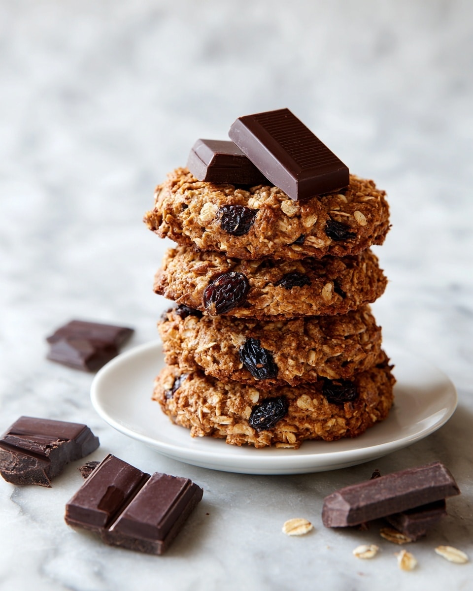 A stack of four thick oatmeal cookies with visible dark raisins is centered on a white plate, each cookie showing a rough, textured surface of oats mixed with raisins, with the top cookie adorned by a piece of dark chocolate. Around the stack on the plate, there are several chunks of dark chocolate scattered. The scene rests on a white marbled surface. photo taken with an iphone --ar 4:5 --v 7