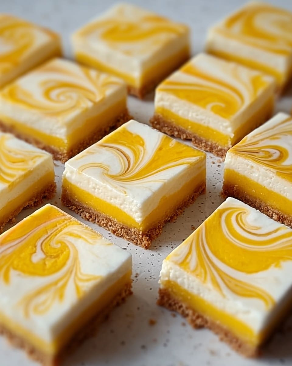 The image shows several square dessert bars arranged in rows on a surface with a white marbled texture. Each bar has three layers: the bottom layer is a light brown, crumbly crust; the middle layer is a bright yellow filling; and the top layer is a smooth white cream with a swirling pattern of yellow, creating an artistic, marbled effect on the surface of each bar. The edges of the bars are clean and sharp, highlighting the clear separation of the layers. Photo taken with an iphone --ar 4:5 --v 7