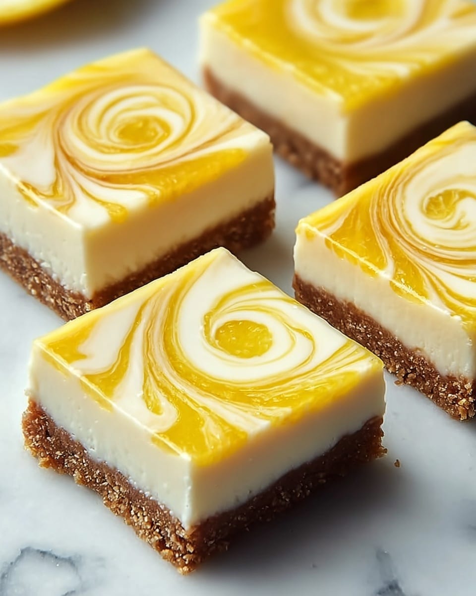 The image shows four square lemon swirl cheesecake bars arranged close together on a white marbled surface. Each square has three layers: the bottom layer is a thick brown crumbly crust, the middle layer is a smooth white cheesecake, and the top layer is creamy with a bright yellow and white swirled pattern forming a spiral design. The swirls create an artistic, glossy finish on top of each bar. Photo taken with an iphone --ar 4:5 --v 7