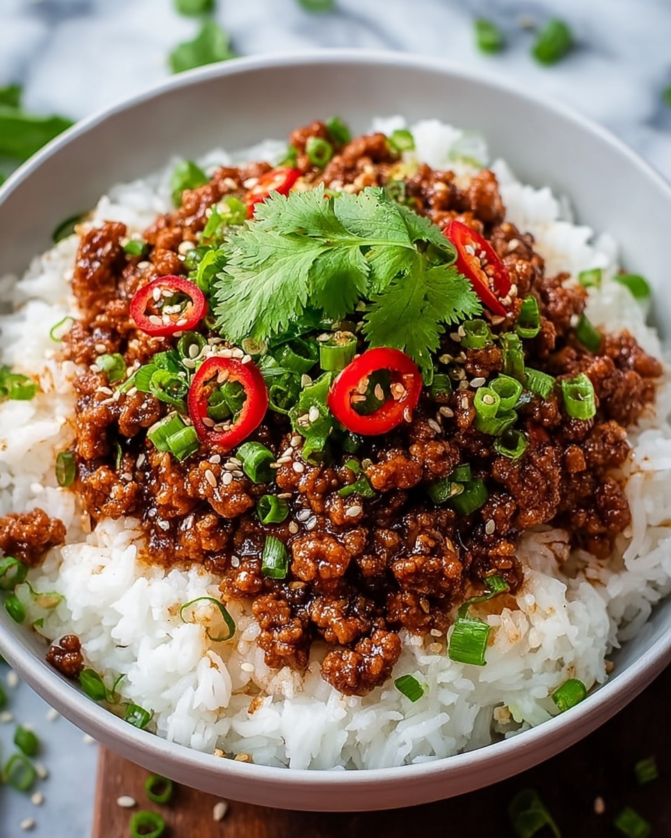 A round white bowl with three main sections: fluffy white rice on the top left, bright green steamed broccoli with a slight shine on the bottom left, and a thick layer of reddish-brown cooked minced meat sauce on the right. The meat sauce is topped with white sesame seeds and small green onion slices scattered across. The bowl sits on a white marbled surface with some sesame seeds scattered around. photo taken with an iphone --ar 4:5 --v 7