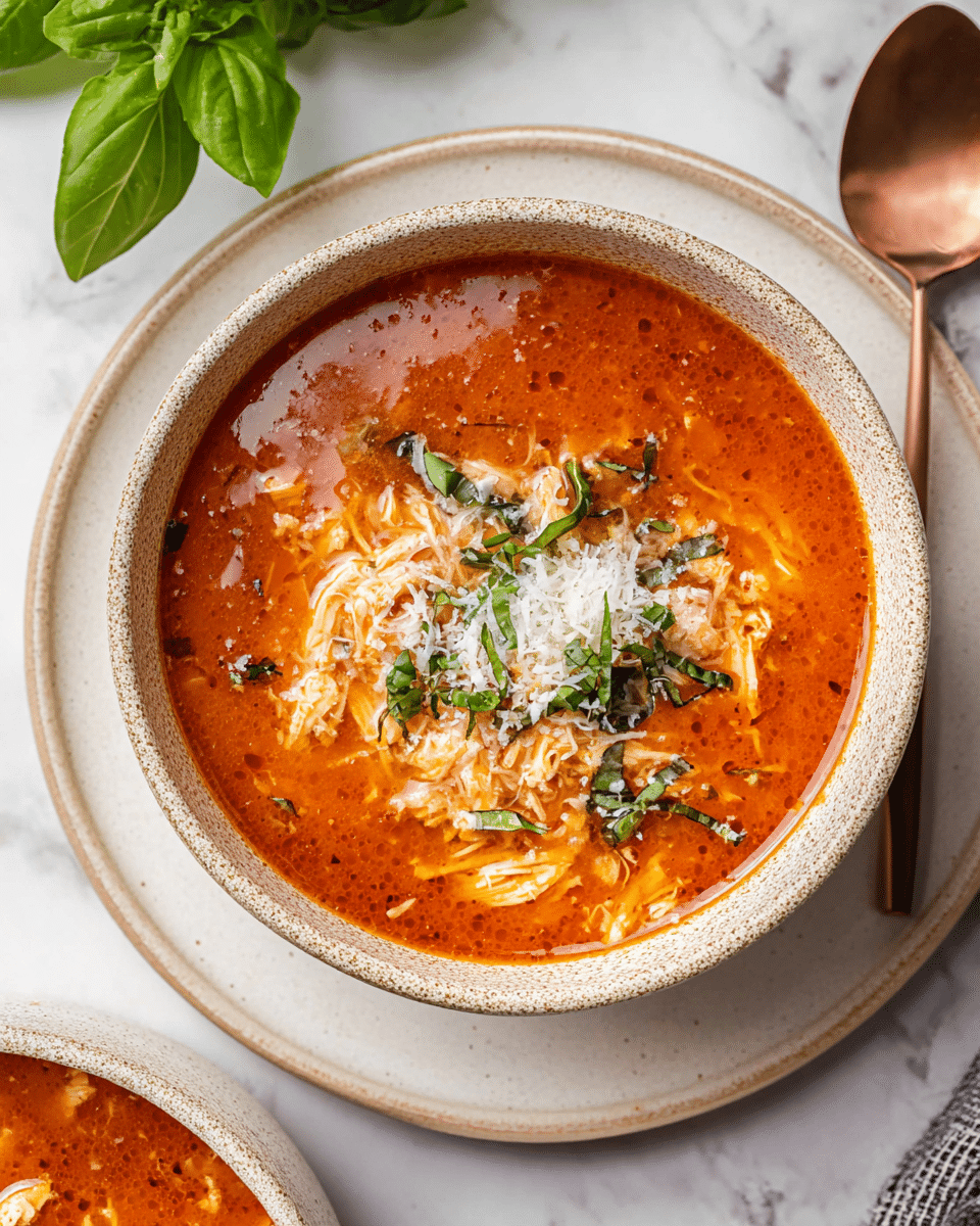 A bowl of thick tomato soup with visible shredded chicken pieces sits in a speckled beige ceramic bowl placed on a white plate, both on a white marbled surface. The soup has an orange-red color with small oil droplets on the surface. It is topped with a sprinkle of grated white cheese and finely chopped fresh green herbs. Nearby, a copper spoon rests on another similar white plate, and fresh green basil leaves are visible at the top left corner. Photo taken with an iphone --ar 4:5 --v 7
