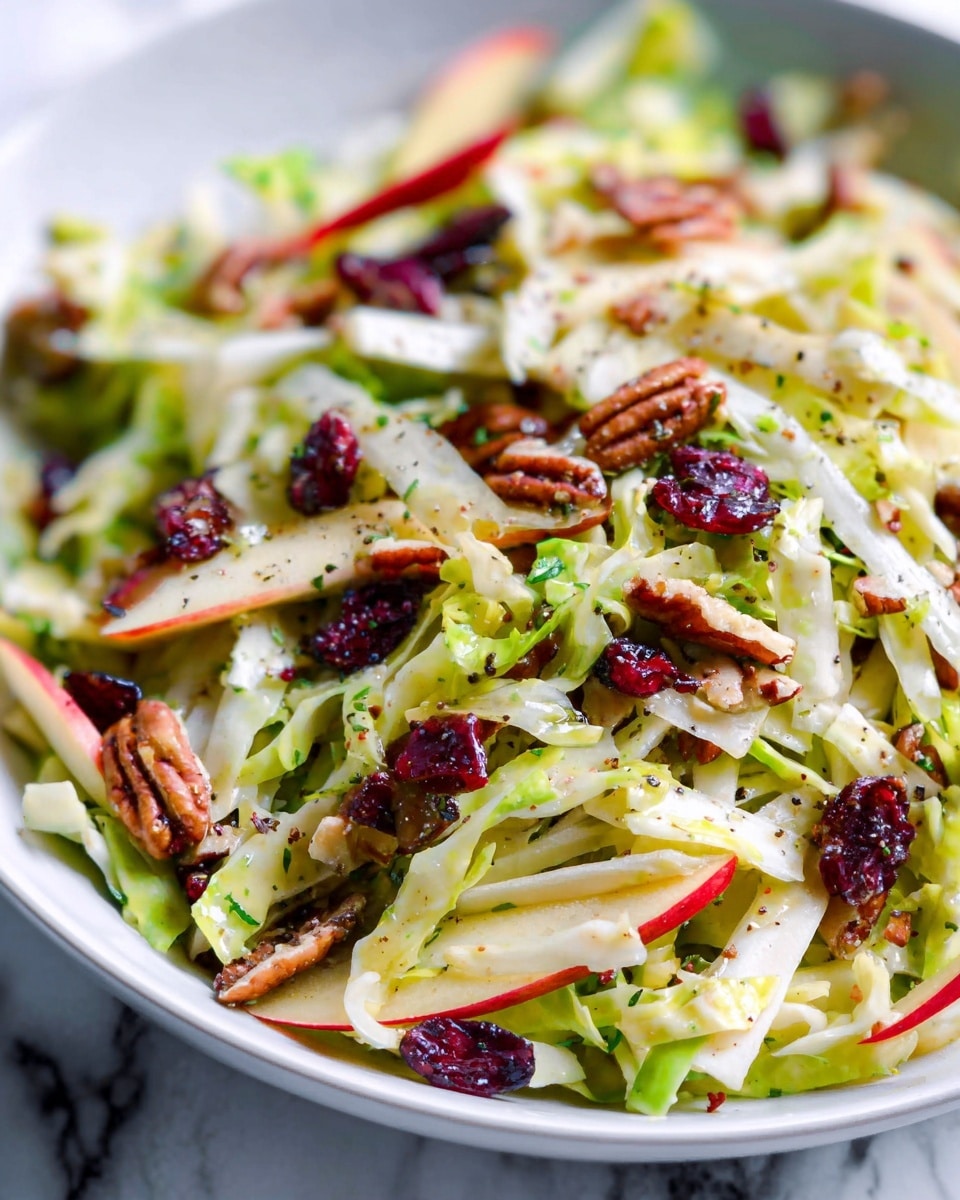 The image shows a fresh salad in a white bowl on a white marbled surface. The salad has several layers including thinly sliced white cabbage, bright green cabbage strips, and small red apple slices with skin. There are scattered dark red dried cranberries, crunchy brown pecan nuts, and light green herbs mixed throughout. The salad is lightly sprinkled with black pepper, adding small dark spots on top, and the textures range from crunchy to chewy with a colorful mix of pale yellow, green, red, and brown. The focus is close-up, showing the details of each ingredient. Photo taken with an iphone --ar 4:5 --v 7