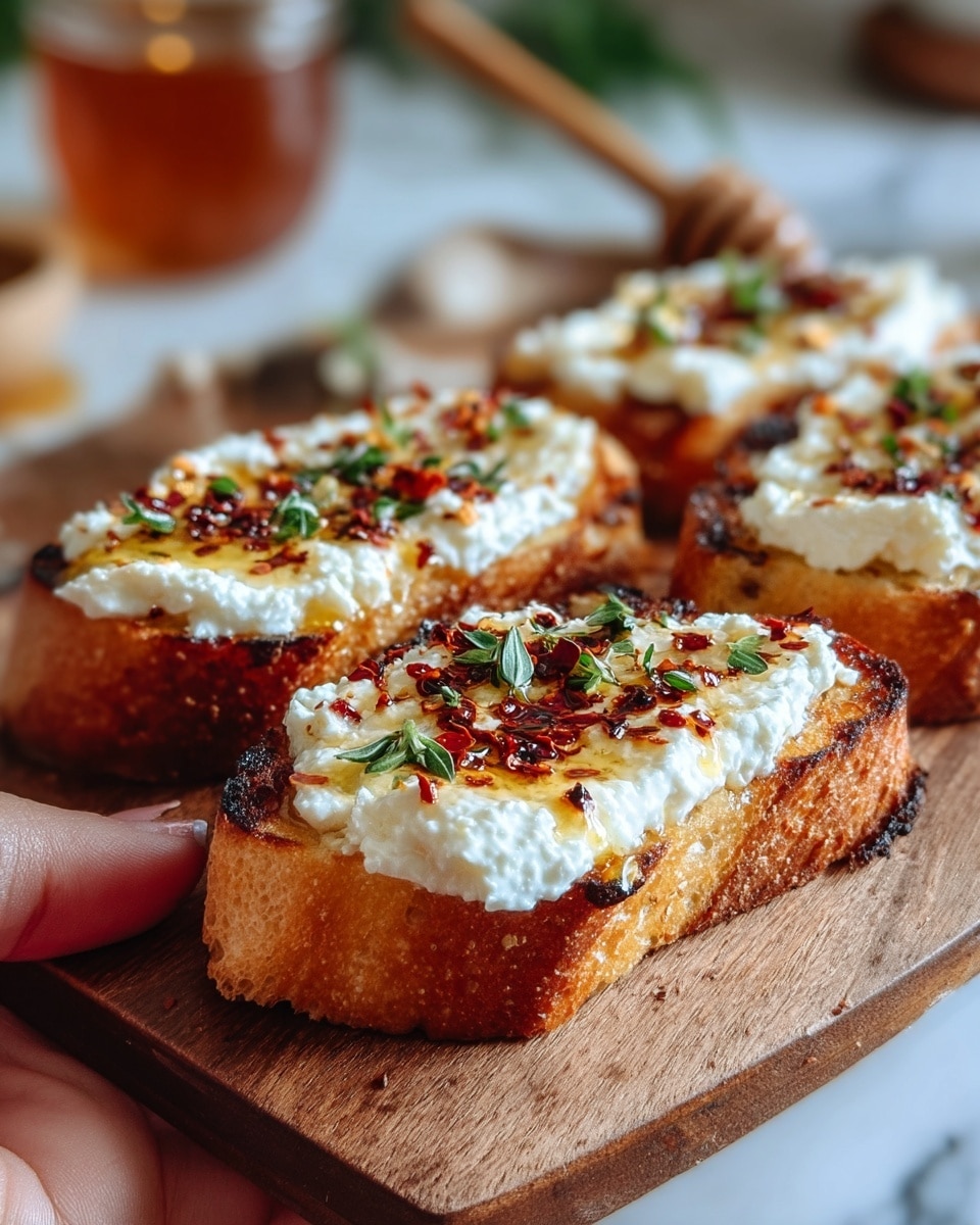 The image shows slices of toasted bread with three clear layers on top, arranged on a wooden board. The bottom layer is golden brown, crisp toast with a slightly rough texture and caramelized edges. The middle layer is a thick, creamy white spread, likely ricotta cheese, generously covering the toast with a soft and fluffy look. The top layer has a drizzle of amber honey, dark red chili flakes, and small green herb leaves sprinkled evenly, adding color and texture contrast. The setting includes a blurred white marbled surface and soft lighting, creating a warm and inviting feel. A woman's hand is holding the board from the bottom left corner. photo taken with an iphone --ar 4:5 --v 7