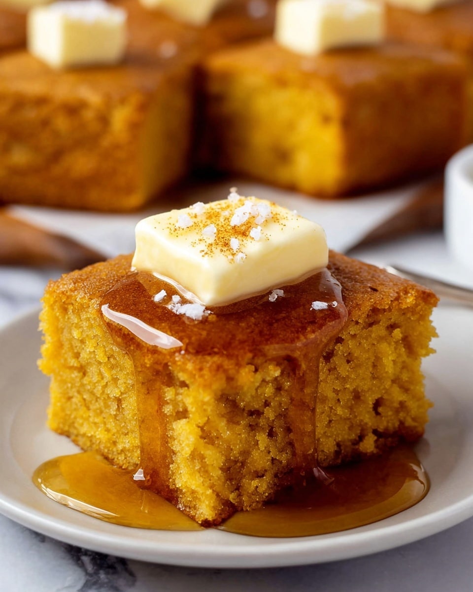 A square piece of moist, golden-brown cake with a slightly crumbly texture sits on a white plate. A shiny layer of amber syrup drips down the sides of the cake, pooling slightly at the base. On top, a small square of pale yellow butter rests, sprinkled with a pinch of light brown spice and a few flakes of white salt. In the background, there are more pieces of the same cake, arranged closely together on a white marbled surface. photo taken with an iphone --ar 4:5 --v 7